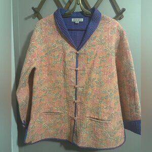 Sam Hilu silk quilted jacket reversible stunning florals fun buttons pockets M